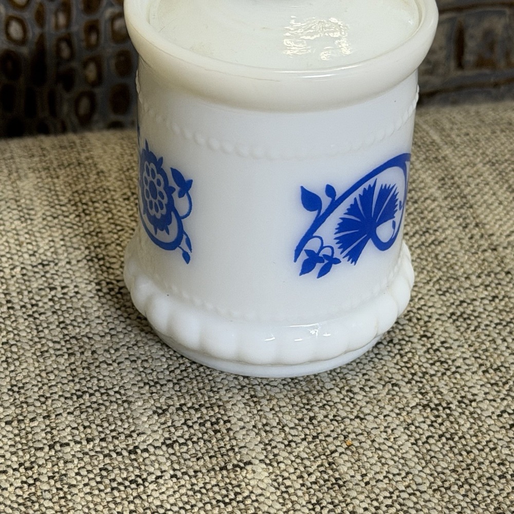 Hazel Atlas White Milk Glass Blue Sweet Pea Mustard Spice ApothecaryJars W/Lid - Picture 7 of 10